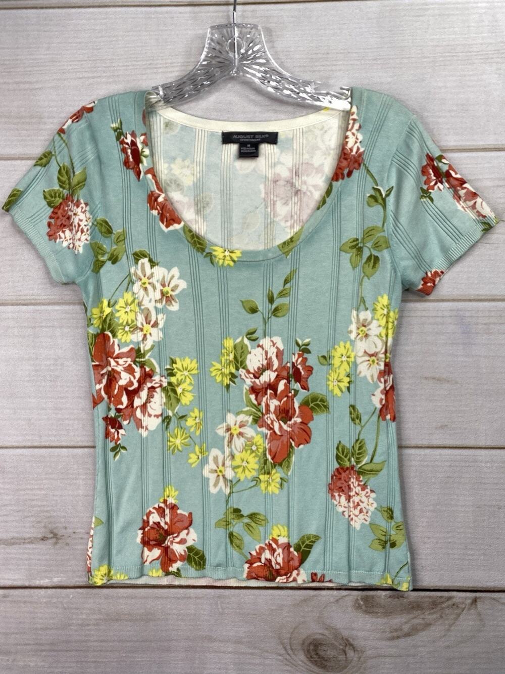 August Silk Top Womens M Ribbed Scoop Neck Floral Boho Fitted Stretch VTG Y2K